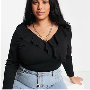 New Look Curve ruffle front bodysuit in black